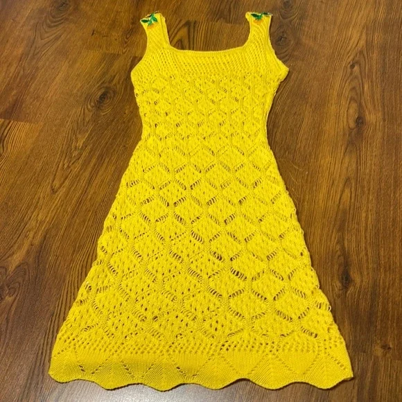 🌷 Crochet Knit Floral Embroidery Dress 🌷 Vibrant Yellow - Picture 10 of 14